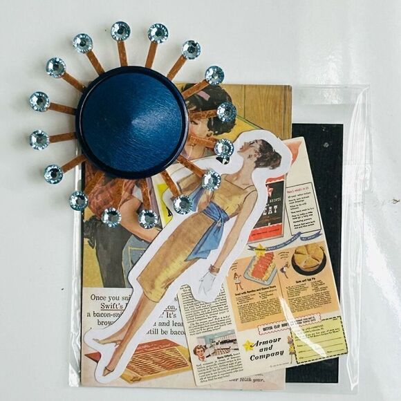 Upcycled Atomic Starburst Refrigerator Magnet Buttons Rhinestones Navy Baby Blue - Picture 4 of 5